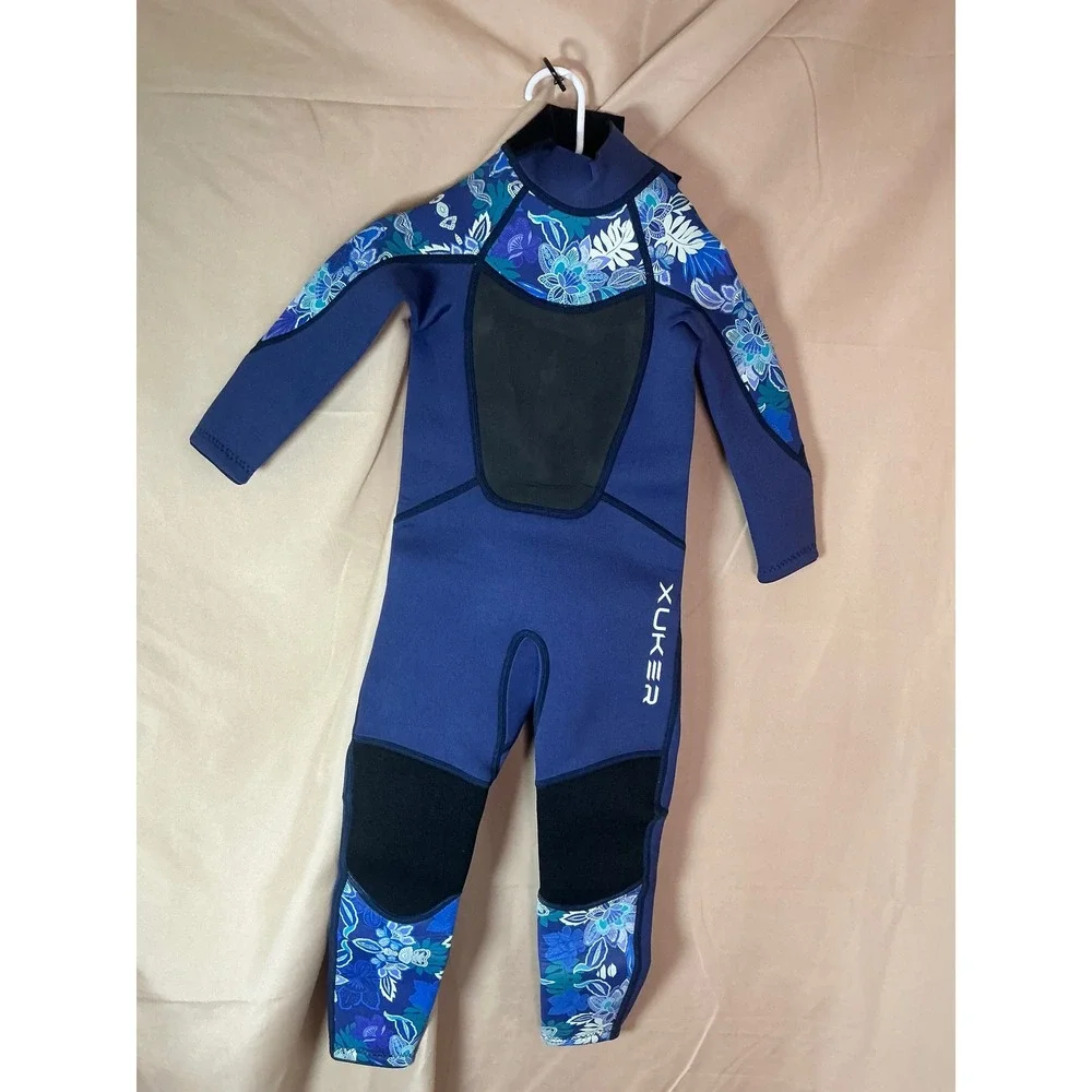 XUKER Wetsuit Kids Size 2 Blue Excellent Floral Print 2mm Neoprene Front Zip